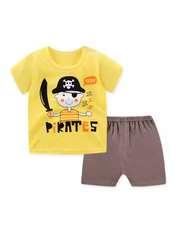 Pijama de vara, pentru copii, culoare galben-maro, model pirat