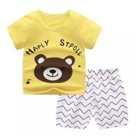 Pijama de vara, pentru copii, culoare galbena-alb, model cu ursulet somnoros