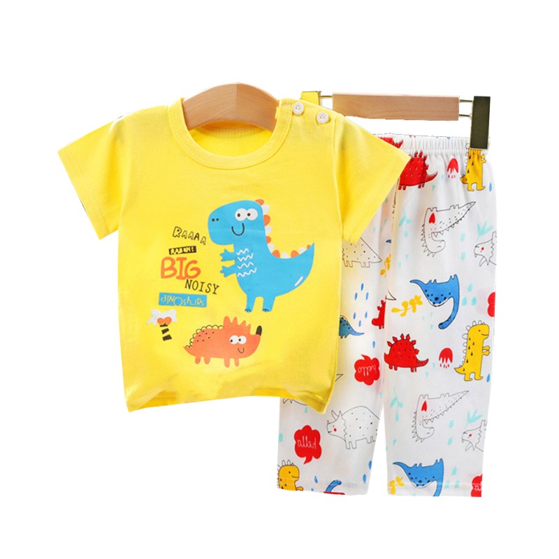 Pijama pentru copii, cu pantaloni trei sferturi, alb-galben cu dinozaur