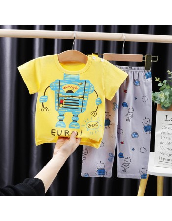 Pijama pentru copii, cu pantaloni trei sferturi, galben-albastru cu robotei