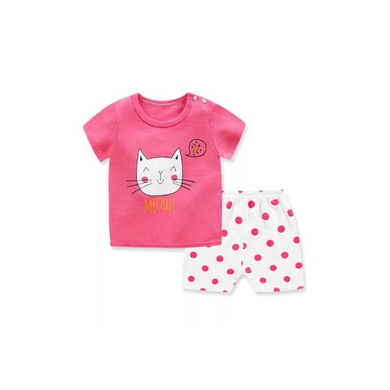Pijama de vara, pentru copii, culoare roz-alb, model cu pisicuta pupacioasa
