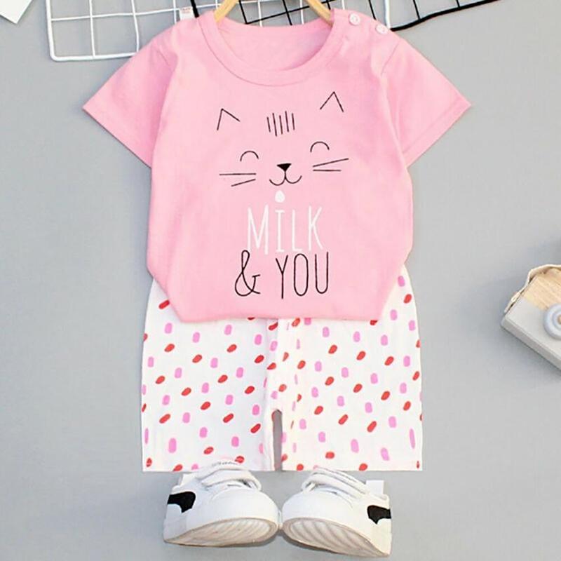Pijama de vara, pentru copii, culoare roz-alb, model cu pisicuta zambareata