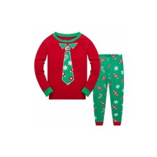 Pijamale copii, model iarna, imprimeu cu fulgi de zapada si cravata, in nuante de rosu cu verde