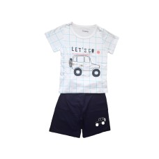 Pijama pentru copii, culoare alb-albastru inchis, model cu masinuta Let's GO