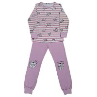 Pijama pentru copii, culoare roz-alb, cu dungi, model cu pisicute