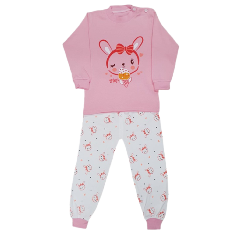 Pijama pentru copii, culoare roz-alb, model iepuras cu fundita