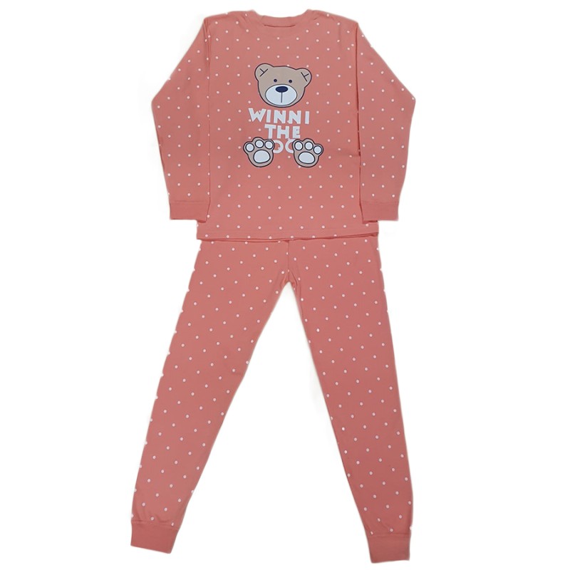 Pijama pentru copii, culoare portocaliu, model cu buline si ursuletul winni