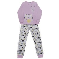 Pijama pentru copii, culoare roz-alb, model cu pisica lila