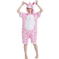 Pijama salopeta scurta pentru copii, model unicorn roz, imprimeu cu stelute, KIGURUMI