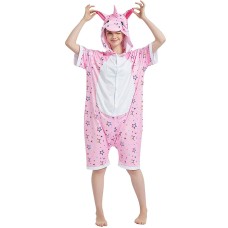 Pijama salopeta scurta pentru copii, model unicorn roz, imprimeu cu stelute, KIGURUMI