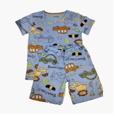 Pijama scurta, de vara, pentru copii, culoare albastru deschis, model cu masinute