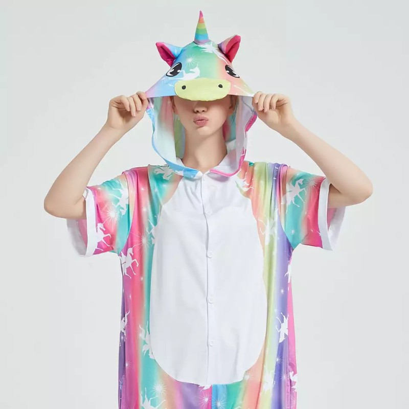 Pijama salopeta scurta pentru copii, model unicorn colorat, imprimeu caluti, KIGURUMI